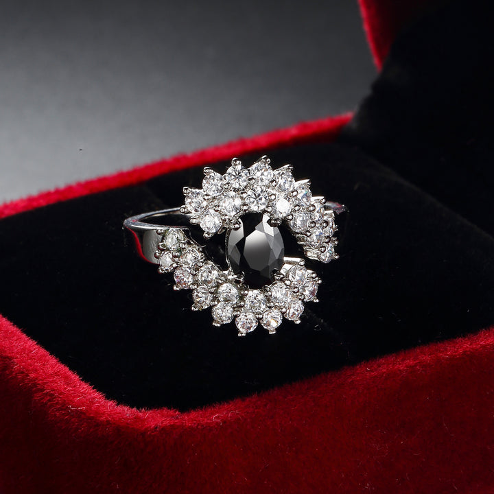 Oval Black Obsidian Halo Diamond Ring Women Silver Tone Crown Cluster Sunburst Cocktail Ring Vintage Black Stone Statement Jewelry