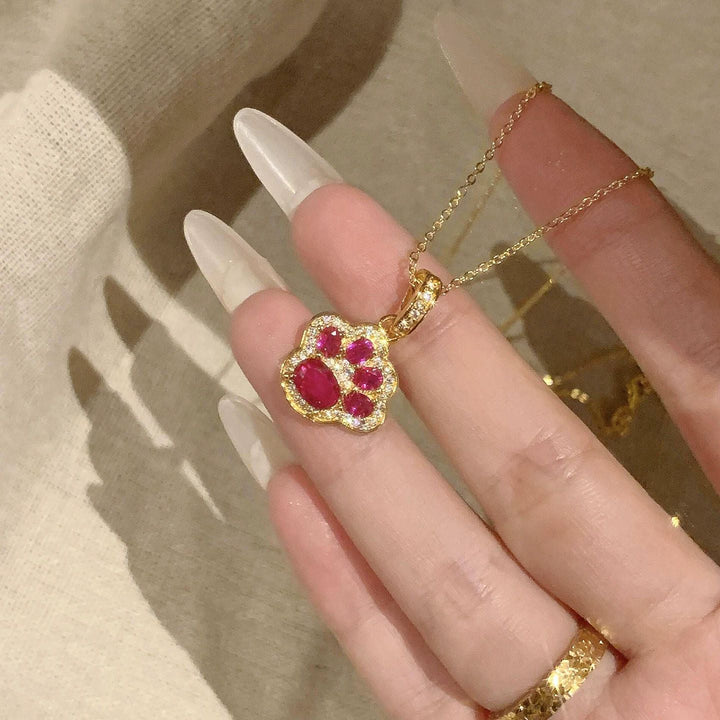 Cute Paw Print Pendant Necklace Ruby Stone Diamond Womens Dainty Statement Necklace