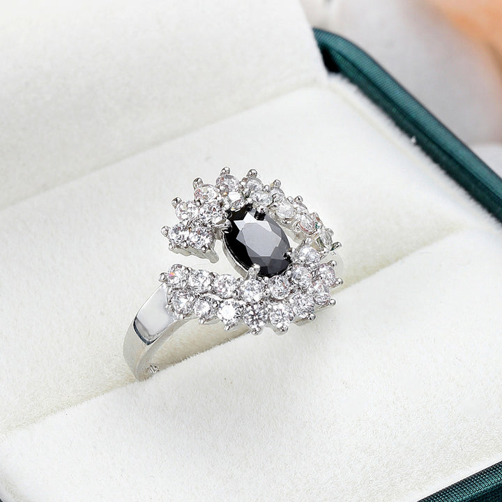Oval Black Obsidian Halo Diamond Ring Women Silver Tone Crown Cluster Sunburst Cocktail Ring Vintage Black Stone Statement Jewelry