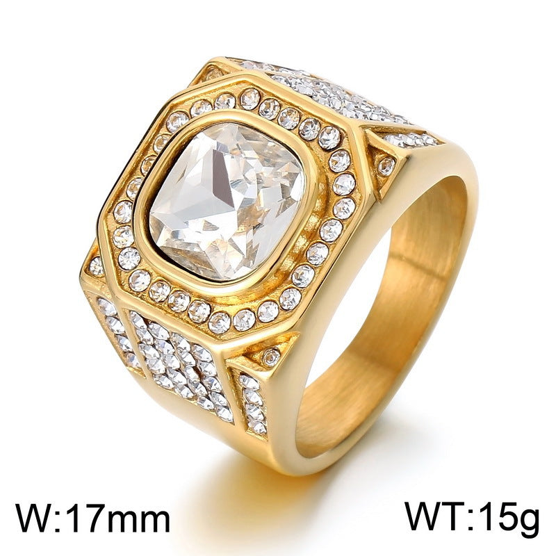 Wide Men’s Ring With Square Center Stone & Surrounding Diamonds Vintage Hip‑Hop Heavy‑Weight Band