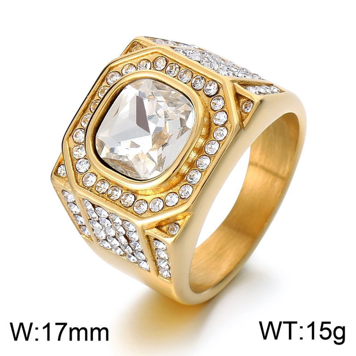 Wide Men’s Ring With Square Center Stone & Surrounding Diamonds Vintage Hip‑Hop Heavy‑Weight Band