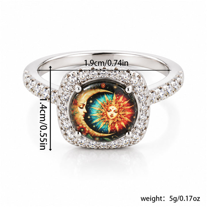 Sun And Moon Goddess Art Ring Square Halo Statement Ring Mystical Celestial Pattern Fashion Ring For Women