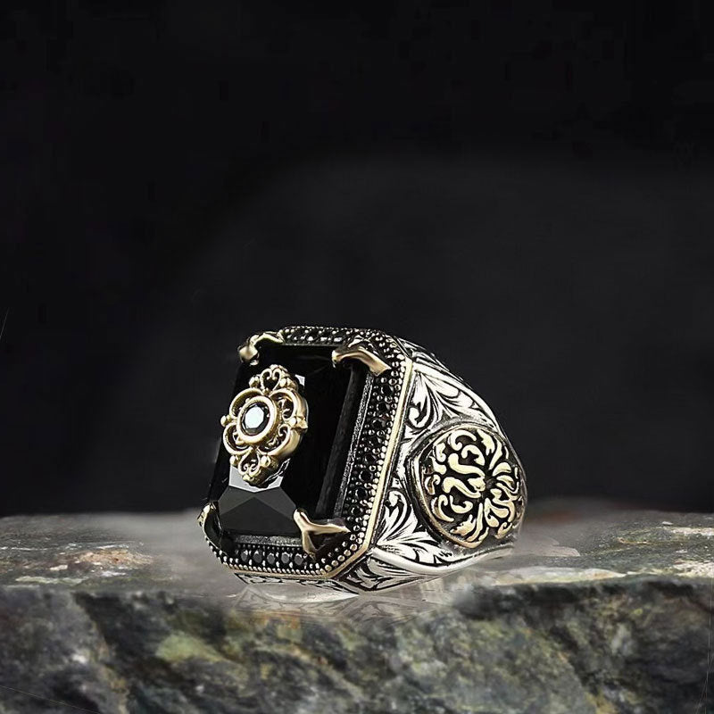 Sterling Silver Vintage Engraved Gemstone Statement Ring Men's Square Cut Gem Diamond Ornate Signet Ring