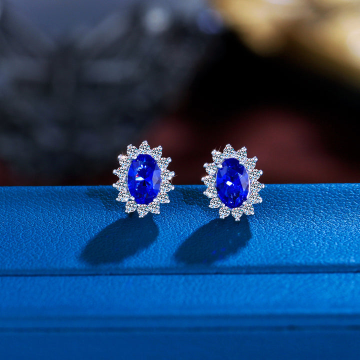 Sterling Silver Diamond AccentOval Blue Sapphire Halo Stud Earrings