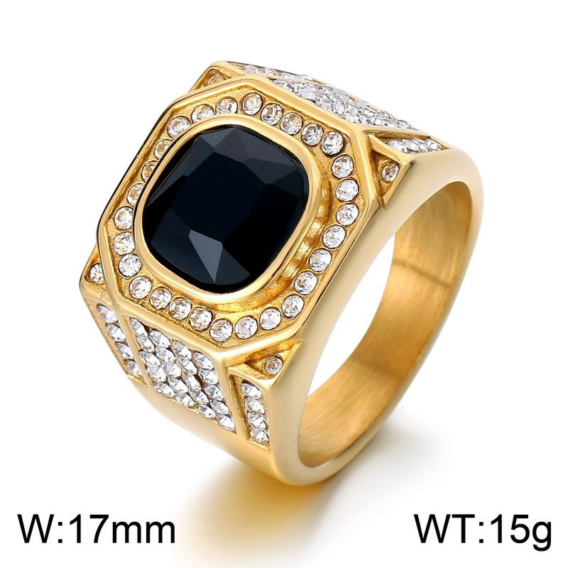 Wide Men’s Ring With Square Center Stone & Surrounding Diamonds Vintage Hip‑Hop Heavy‑Weight Band