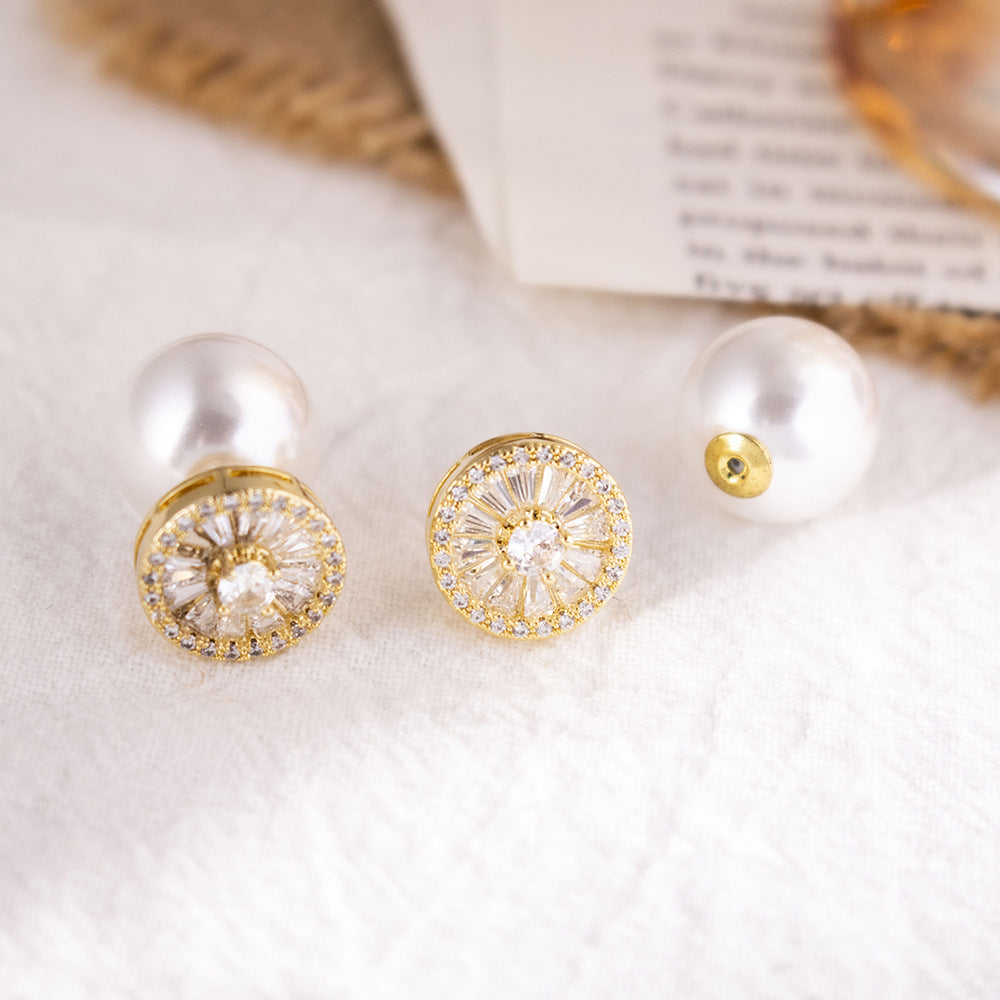 S925 Sterling Silver Double Sided Pearl Stud Earrings With Diamond For Women