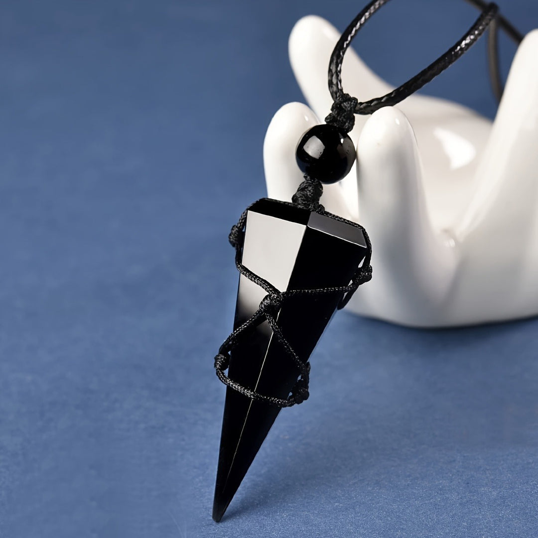 Obsidian Pendulum Pendant Necklace Black Crystal Protection Jewelry with Adjustable Cord