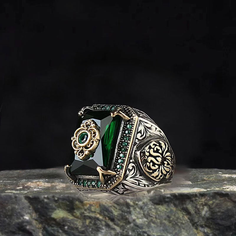 Sterling Silver Vintage Engraved Gemstone Statement Ring Men's Square Cut Gem Diamond Ornate Signet Ring