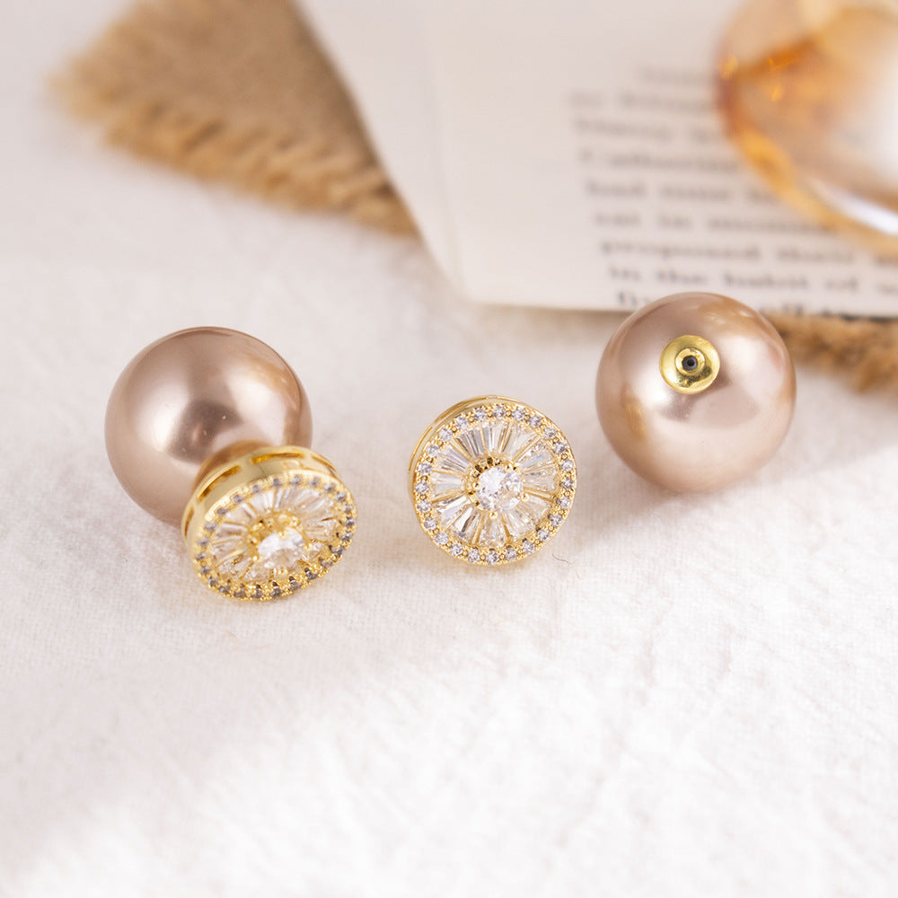 S925 Sterling Silver Double Sided Pearl Stud Earrings With Diamond For Women