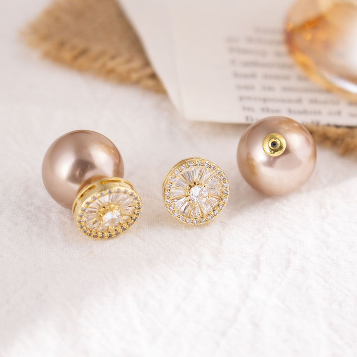 S925 Sterling Silver Double Sided Pearl Stud Earrings With Diamond For Women