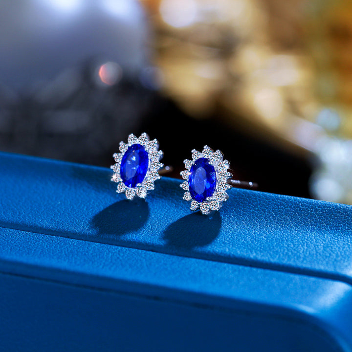 Sterling Silver Diamond AccentOval Blue Sapphire Halo Stud Earrings