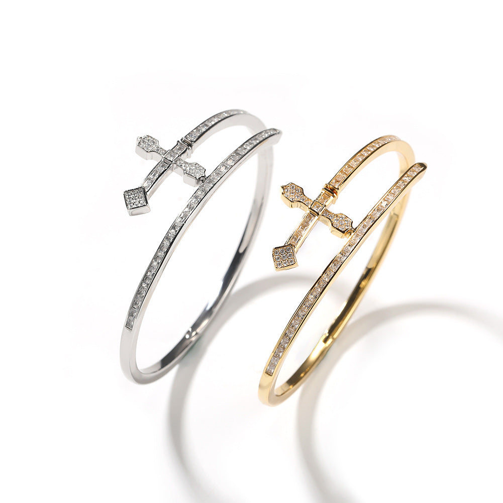 Minimalist Cross Cubic Diamond Open Bangle Bracelet