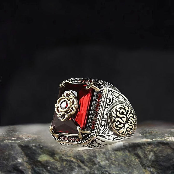 Sterling Silver Vintage Engraved Gemstone Statement Ring Men's Square Cut Gem Diamond Ornate Signet Ring