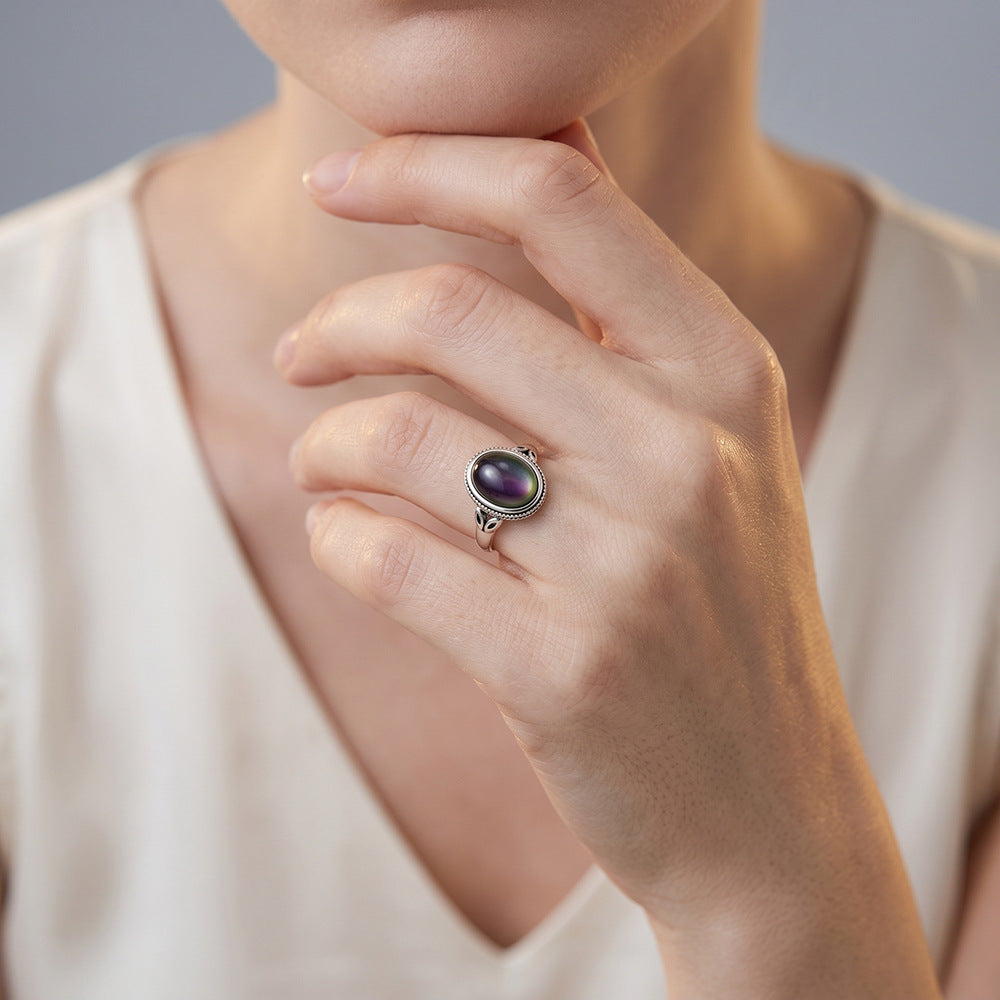 Vintage Oval Natural Gemstone Ring For Women Pure Silver Statement Ring