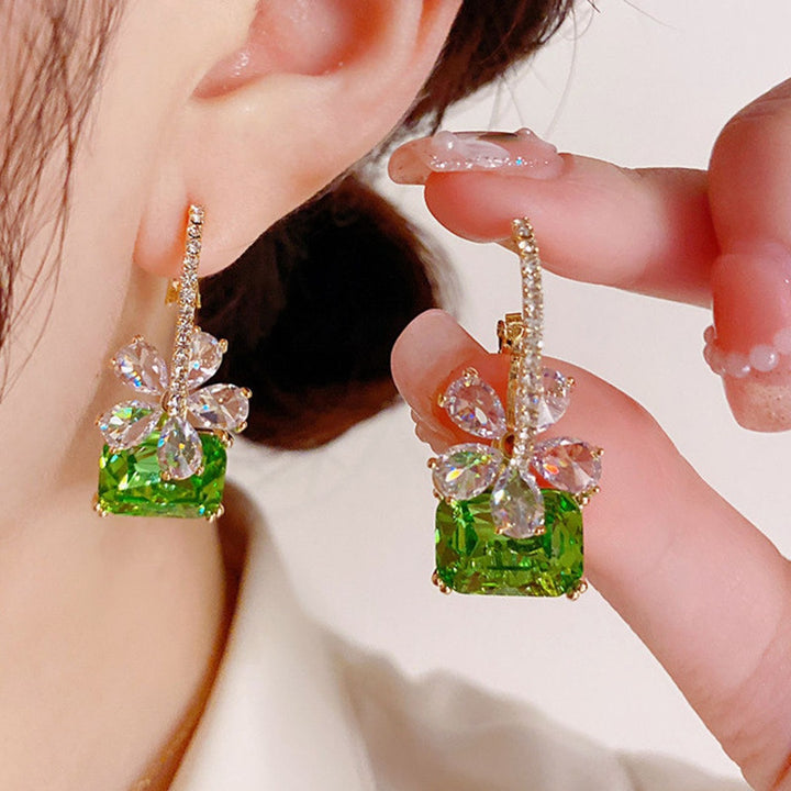 S925 Sterling Silver Rectangle Gemstone Floral Diamond Drop Earrings