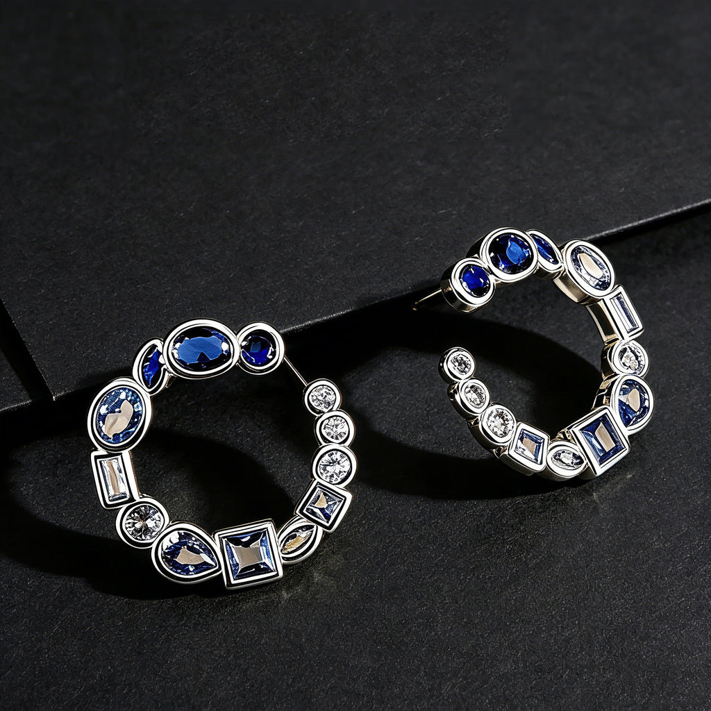 Blue Gemstone C-Shaped Hoop Earrings