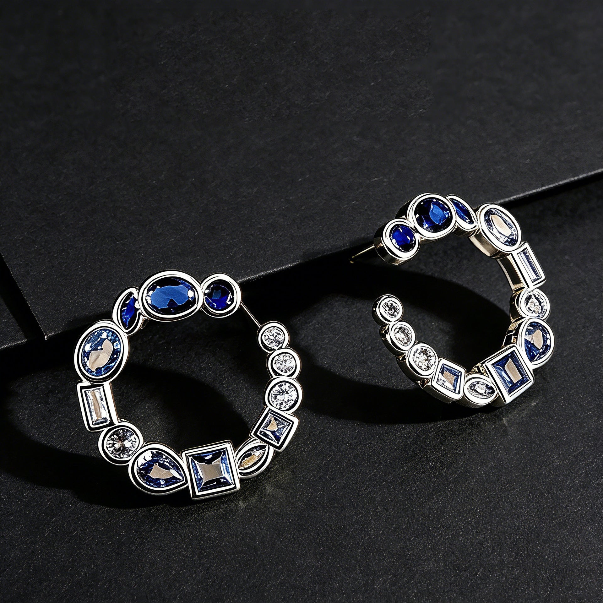 Blue Gemstone C-Shaped Hoop Earrings