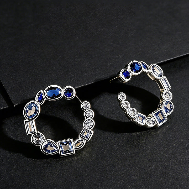 Blue Gemstone C-Shaped Hoop Earrings