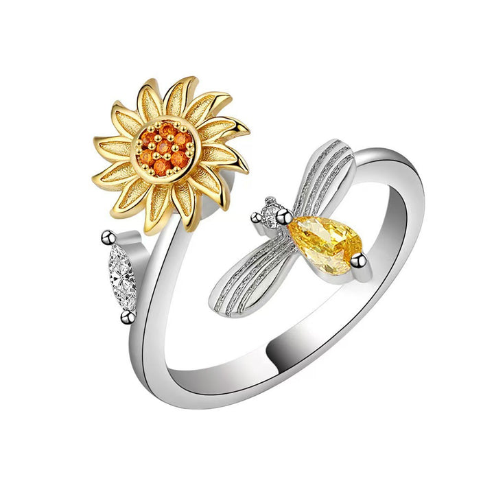 Rotatable Sunflower & Bee Ring, "You Are My Sunshine" Open Ring