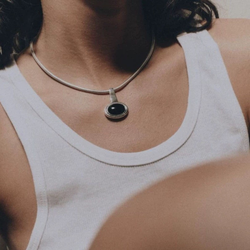 Black Gemstone Necklace With Snake Chain And Round Pendant