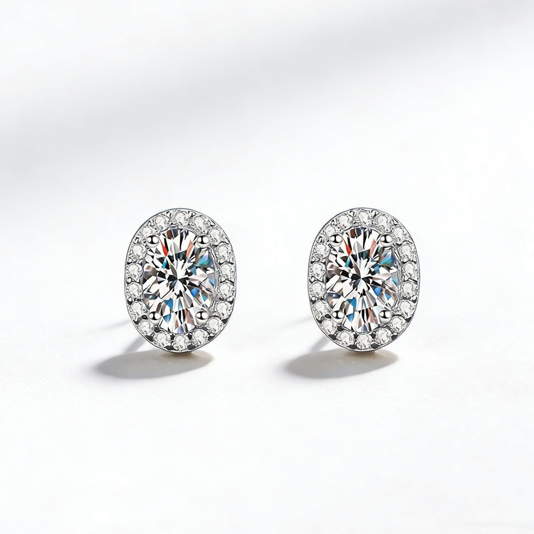 Oval Halo Diamond Stud Earrings with 925 Sterling Silver