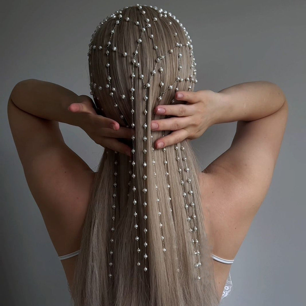 Bohemian Pearl Tassel Head Chain S925 Sterling Silver Bridal Hair Accessory