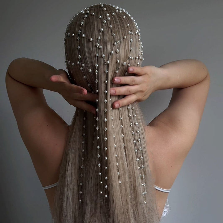 Bohemian Pearl Tassel Head Chain S925 Sterling Silver Bridal Hair Accessory