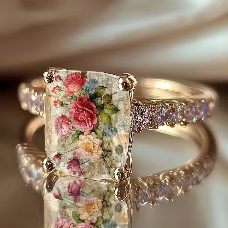 Vintage Rose Floral Cushion Cut Ring