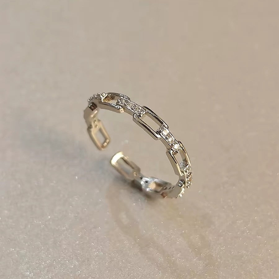 Crystal Paperclip Chain Open Ring Adjustable Stackable Band for Women