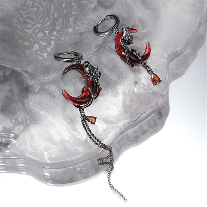 Gothic Red Moon Rose Drop Earrings S925 Sterling Silver Asymmetrical Tassel Earrings