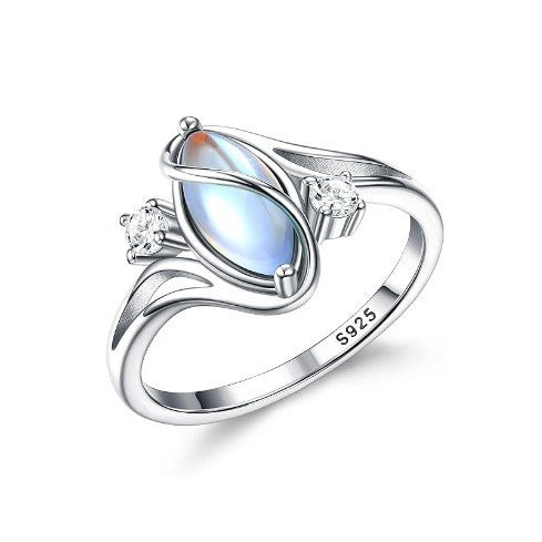 S925 Sterling Silver Marquise Moonstone Ring With Diamond Accents Twisted Wave Band Ring For Women