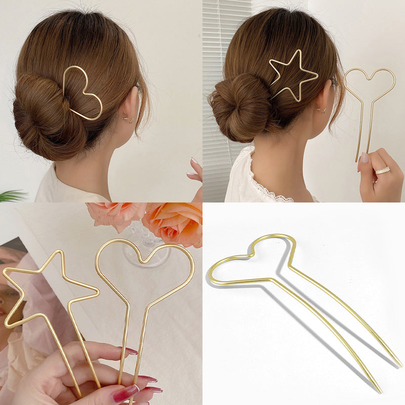 Minimalist S925 Sterling Silver Heart & Star Hair Pins U-Shaped Bun Hair Sticks for Women
