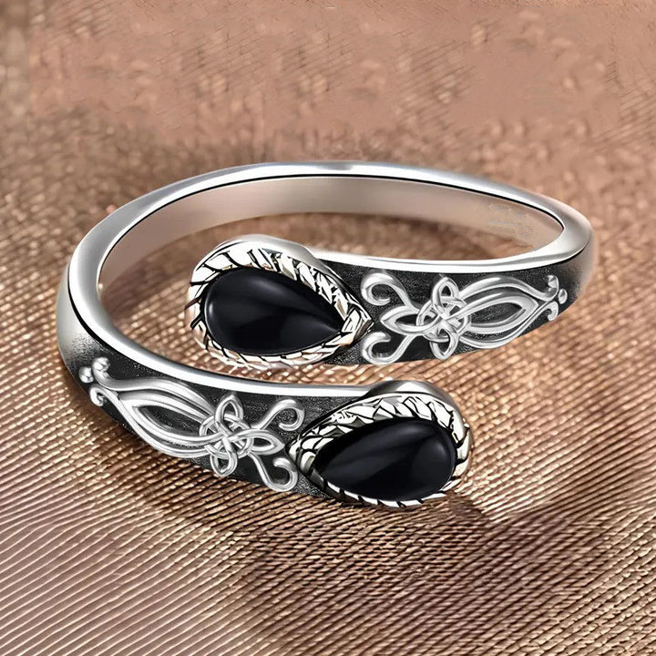 S925 Silver Two Stone Bypass Open Ring Moonstone Onyx Vintage Carved Adjustable Ring