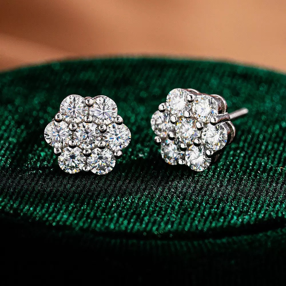 Cluster Diamond Stud Earrings Sterling Silver Floral Earrings