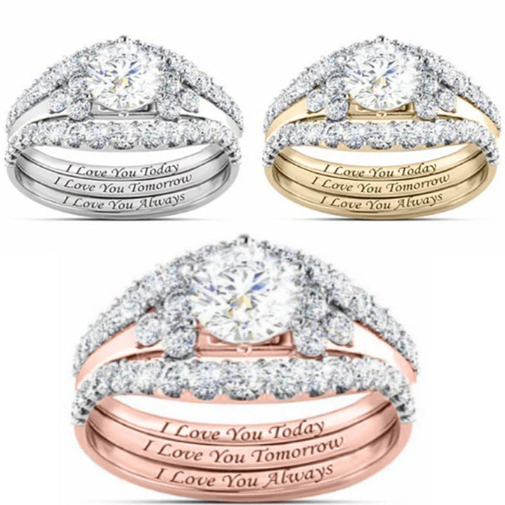 "I Love You" Engraved 3-Piece Bridal Ring Set with Diamonds