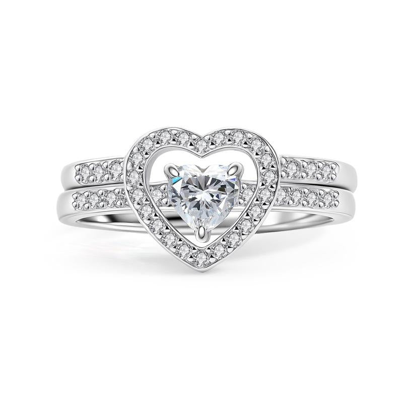 Romantic Minimalist New Stackable StyleHeart-Shaped Diamond Ring Set Sterling Silver Creative Romantic Gift