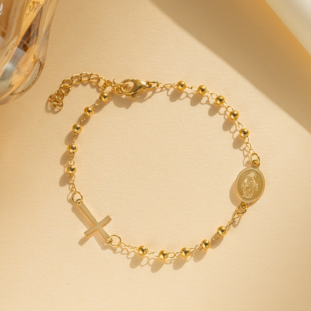 Cross & Medal Beaded Bracelet in 14K Gold