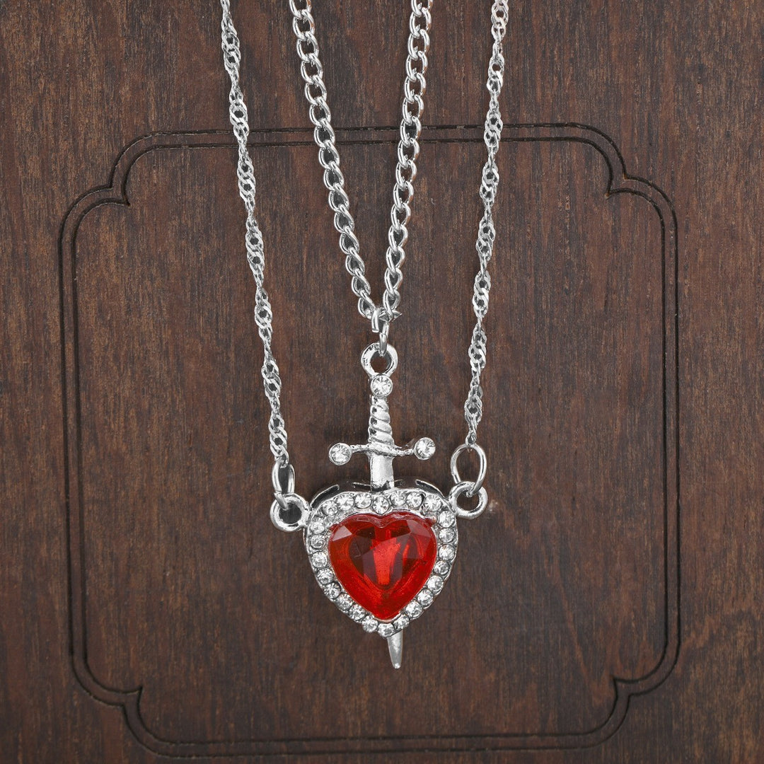 Layered Sword &amp; Heart Necklace Ruby Red Gemstone Pendant for Women