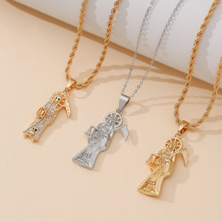 Santa Muerte Grim Reaper Pendant Necklace Twisted Chain Religious Jewelry for Men