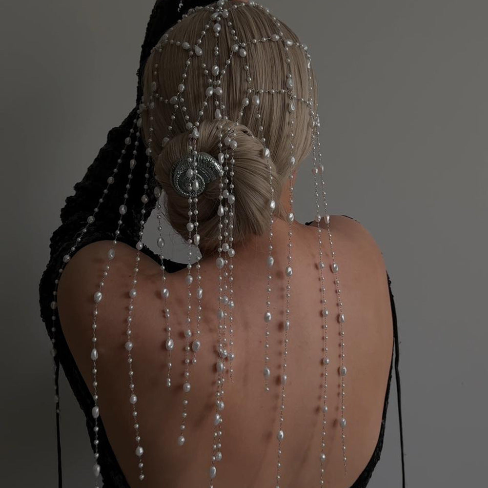 Bohemian Pearl Tassel Head Chain S925 Sterling Silver Bridal Hair Accessory
