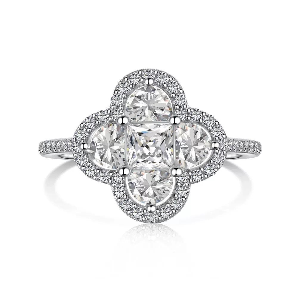 Clover Cluster Diamond Ring with 925 Sterling Silver
