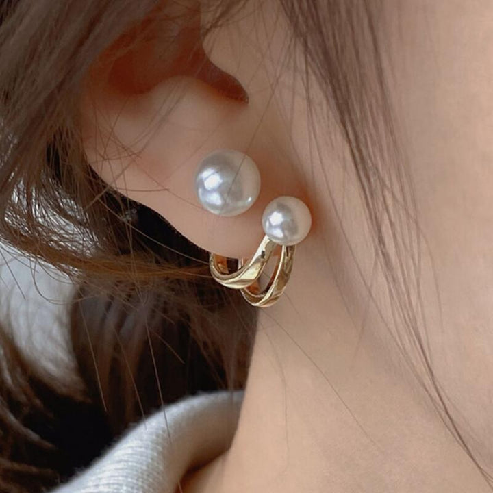 Dual Pearl Curved Stud Earrings Sterling Silver