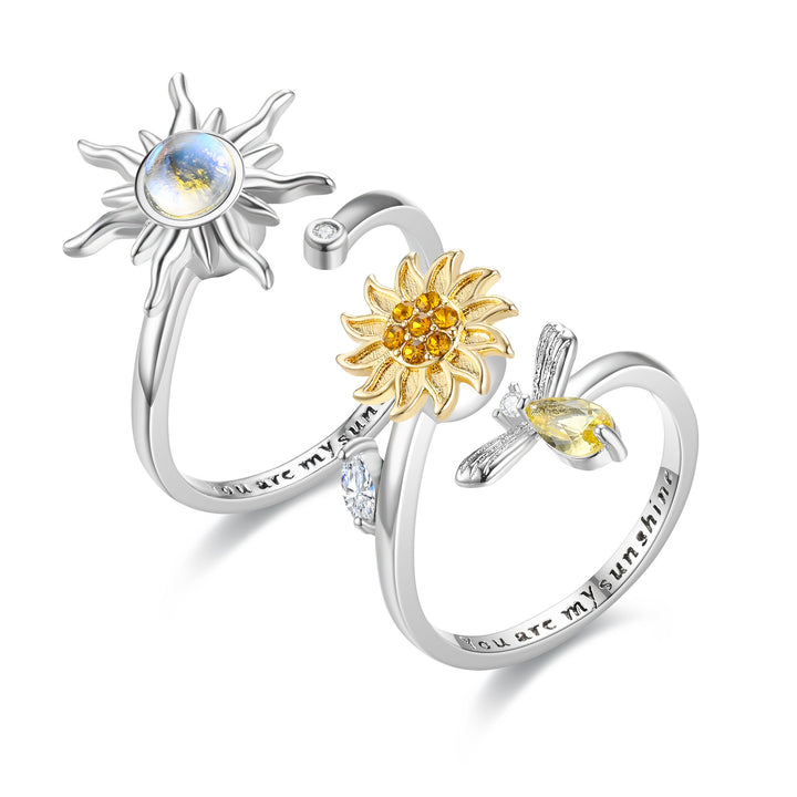 Floral &amp; Symbolic Open Adjustable Ring Collection Sunflower Evil Eye Rabbit Diamond Jewelry for Women