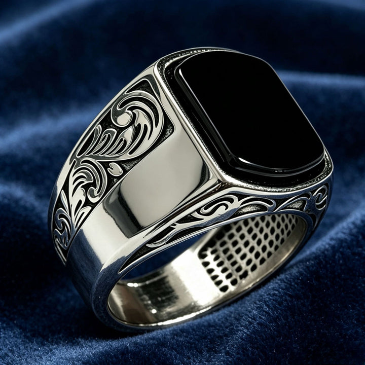 Vintage Black Onyx Signet Ring Men's Engraved Filigree Statement Band