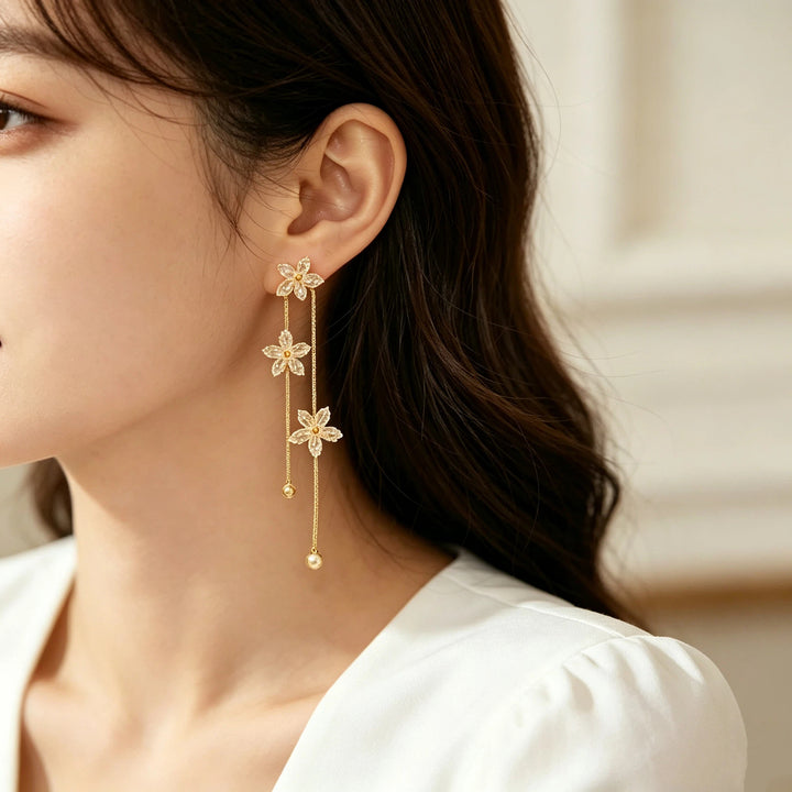 S925 Sterling Silver Flower Drop Earrings Asymmetric Diamond Dangle Earrings for Women