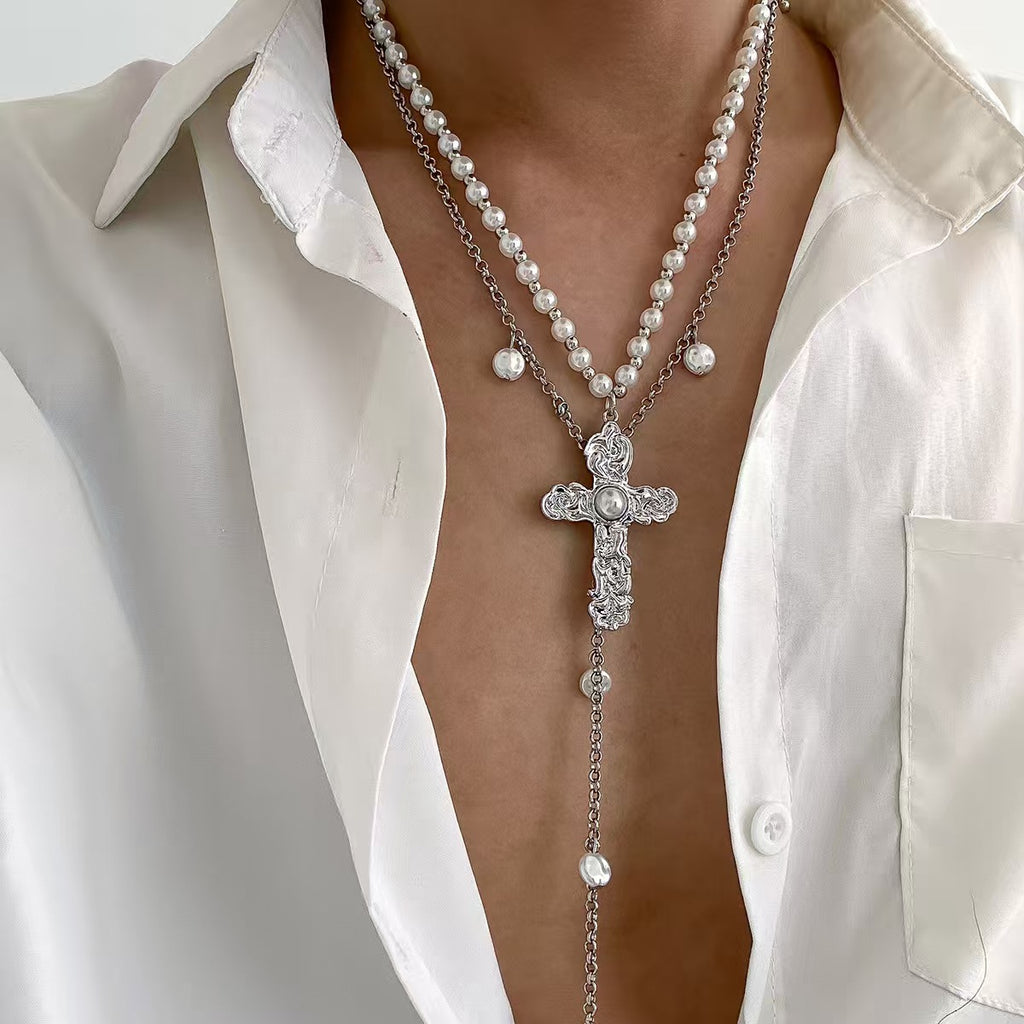 Vintage Layered Pearl Cross Necklace