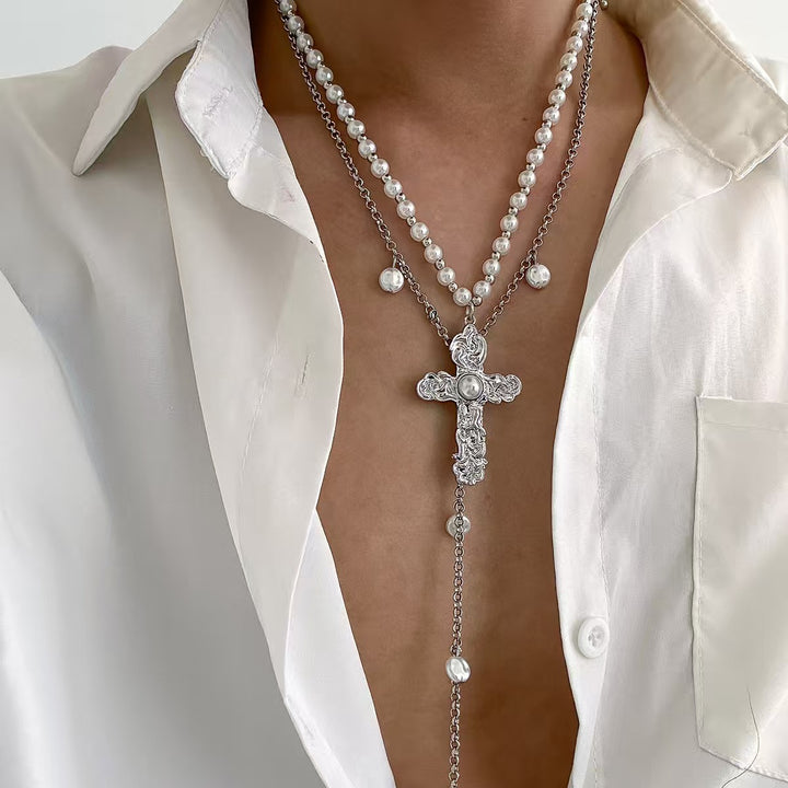 Vintage Layered Pearl Cross Necklace