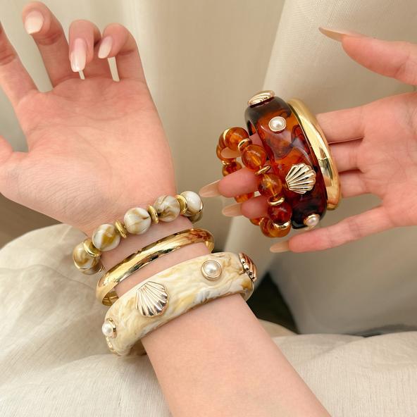 Metal Resin Marbled Shell Open Cuff Bracelet