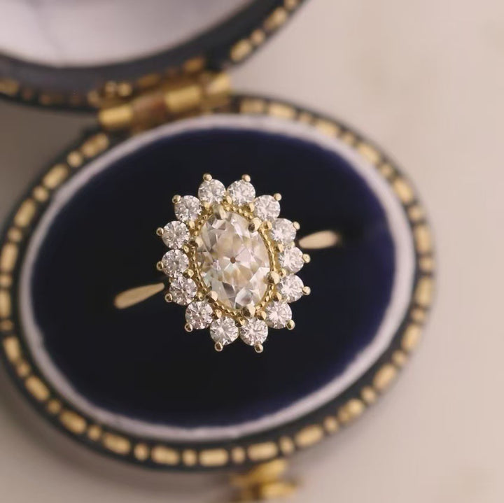 Oval Diamond Sunburst Halo Ring