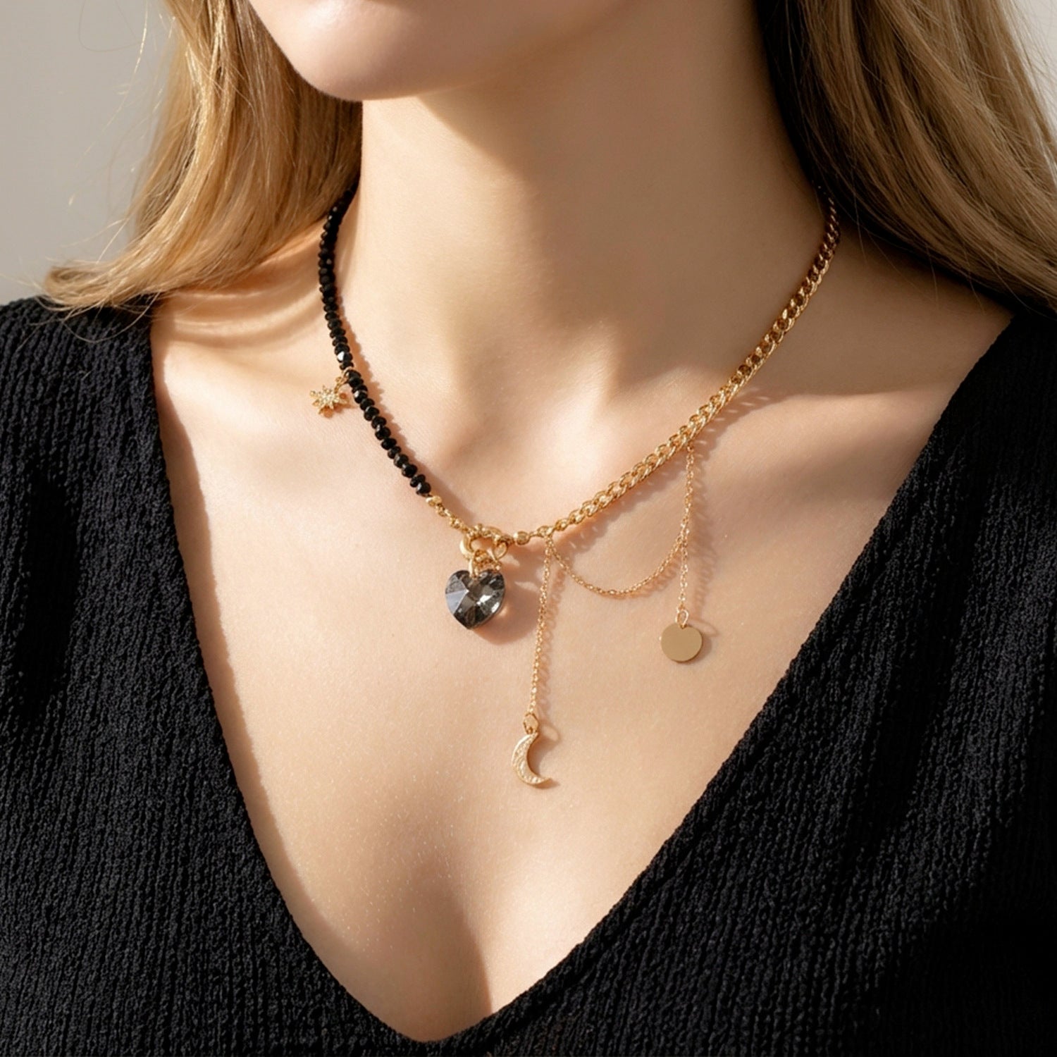 Gold/Silver Mix Beaded Choker with Heart & Moon Charms